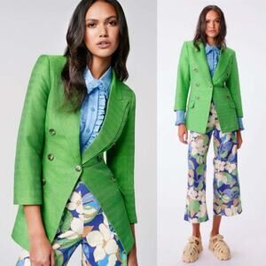 Smythe NWT Linen Silk Crop Sleeve Kelly Green Blazer Jacket Size 0